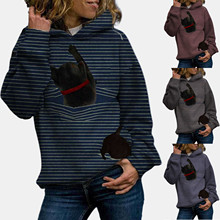 跨境新款Sweatshirts女士连帽条纹印花猫咪3D长袖套头上衣卫衣
