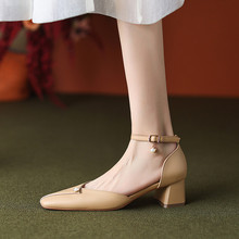 法式包头凉鞋女夏2023春季气质淑女一字带高跟鞋粗跟中空方头单鞋