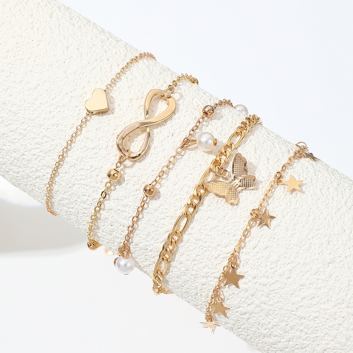欧美跨境饰品沙滩流苏蝴蝶脚链套装 复古珍珠爱心星形8字脚饰女