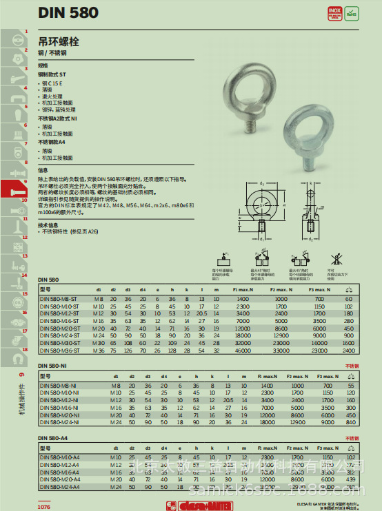 伊莉莎 冈特标准机械配件din580-m36-st吊环螺栓太敬三益现货供应