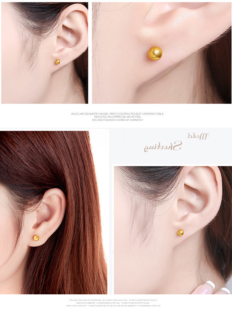 镀黄金情侣耳钉 简约圆珠小球耳钉女 光面银豆豆耳饰