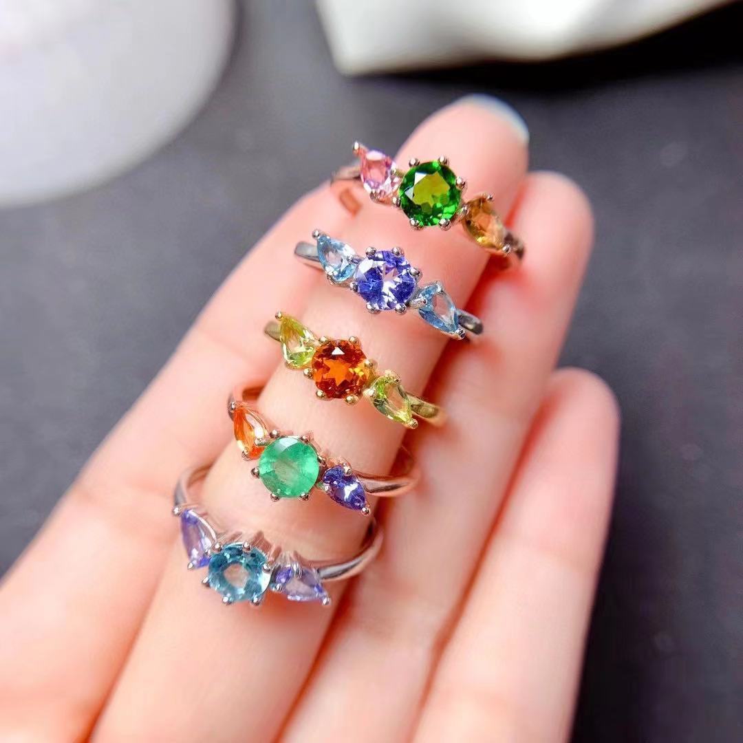 925银镶嵌天然彩宝戒指欧美跨境多款式女戒祖母绿托帕石宝石指环