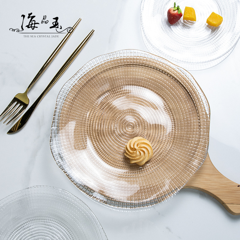 日式钻石纹不规则玻璃碗碟套装家用水果盘高颜值甜品盘沙拉碗批发