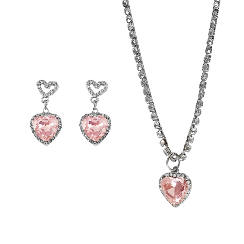 Pink Diamond Loving Heart Zircon Necklace Set Light Luxury Full Diamond Sweet Cool Hot Girl Style Clavicle Chain Earrings Ear Pins Set