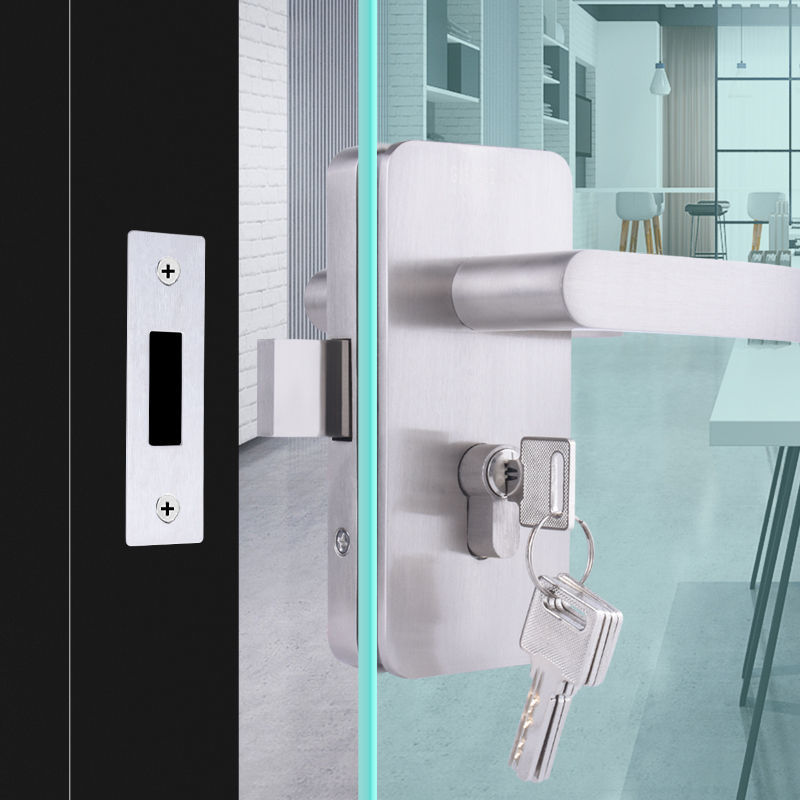 无框玻璃门执手锁推拉门双开门孔锁办公室隔断玻璃门锁哑黑带拉手