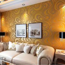 现代简约波浪纹无纺布壁纸卧室客厅背景金色紫色特色抽象立体墙纸
