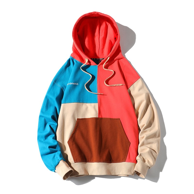 Foreign Trade Customized Color Block Patch Hooded Sweater Trendy Unique Niche Design Fine Cotton Terry Heavy Hoodie