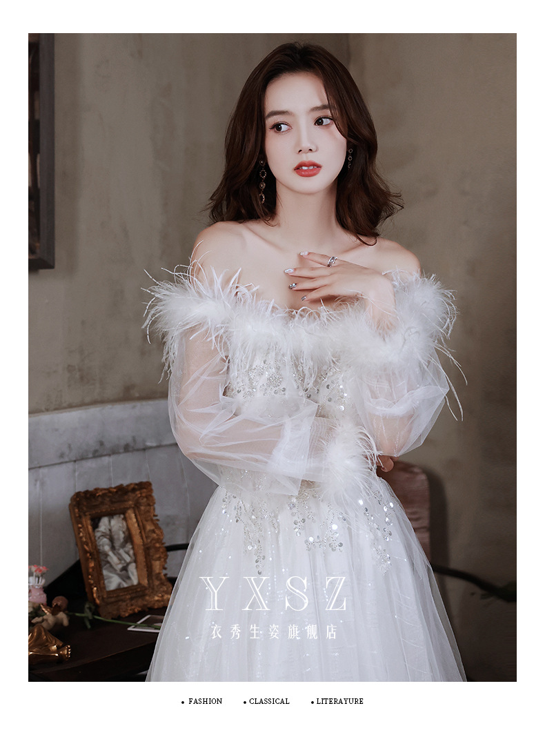 工厂货源白色羽毛晚礼服一字肩2022新款长袖宴会长款声乐艺考礼服