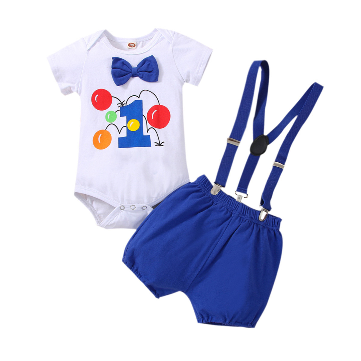 2023 Summer Baby Boys and Girls Baby Strap Short Sleeve Birthday Clothes Bow Number Printed Romper Two-Piece Set Baby Clothes
