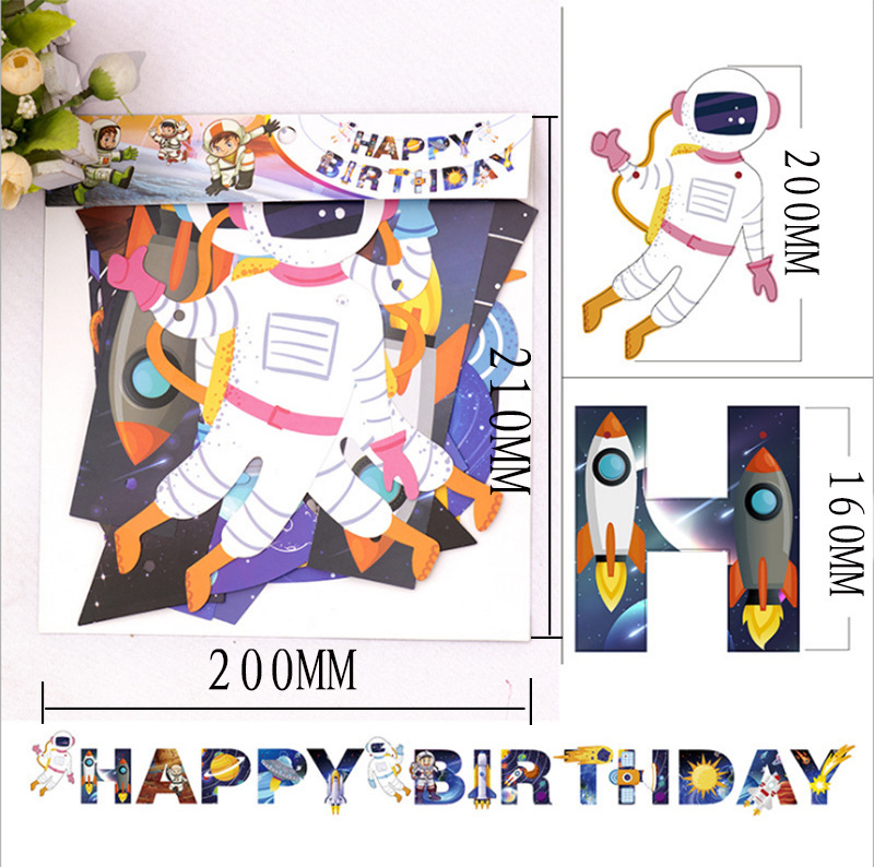 Spaceship Spaceman Astronaut Birthday Pulling Banner Rocket Solar System Letter Banner Birthday Party Decoration Supplies