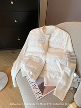设计感白色四条杠针织拼接棉服女2023冬时尚休闲百搭轻薄夹棉外套