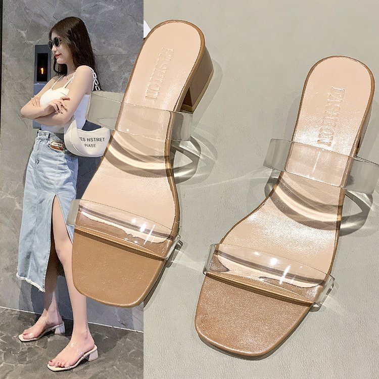 外贸低跟玻璃鞋女2021年夏季韩版透明带粗跟方头一脚蹬拖鞋女鞋