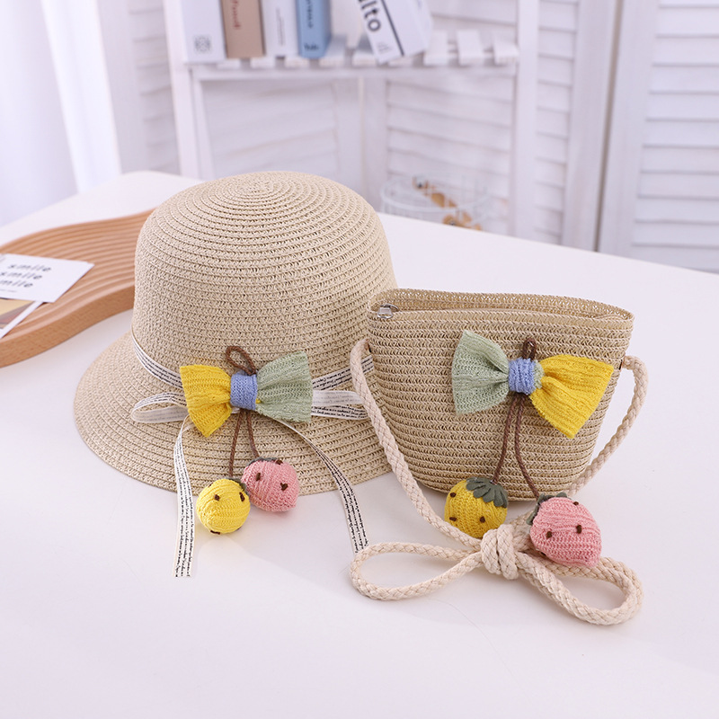 Spring and Summer New Children's Straw Hat Bag Set Girl Cute Flowers Travel Sun Hat Parent-Child Beach Hat