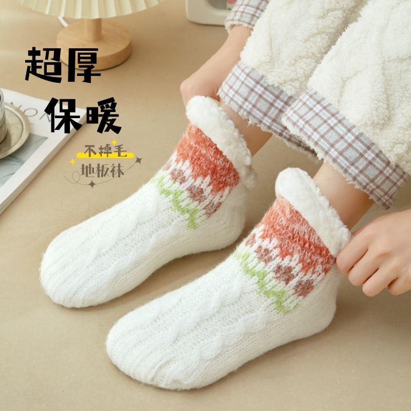 超厚加绒拖鞋袜子女秋冬季保暖袜套加绒加厚珊瑚绒居家防滑地板袜