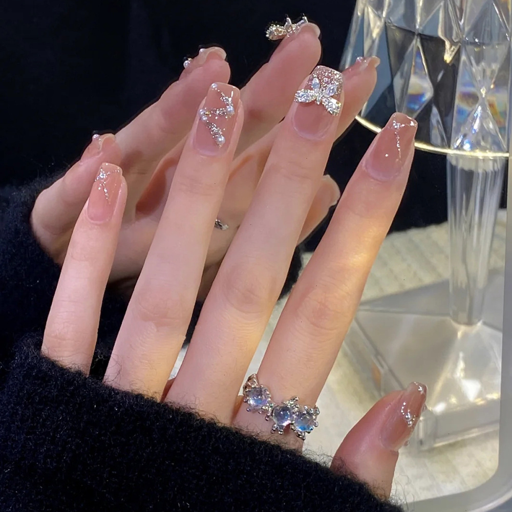 闪亮蝴蝶穿戴甲甲片成品假指甲批发少女穿戴美甲长款可爱可拆光疗