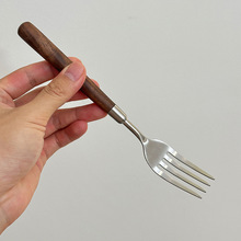 胡桃木叉勺家用食品级304不锈钢木柄勺子叉子木质餐具儿童汤饭勺