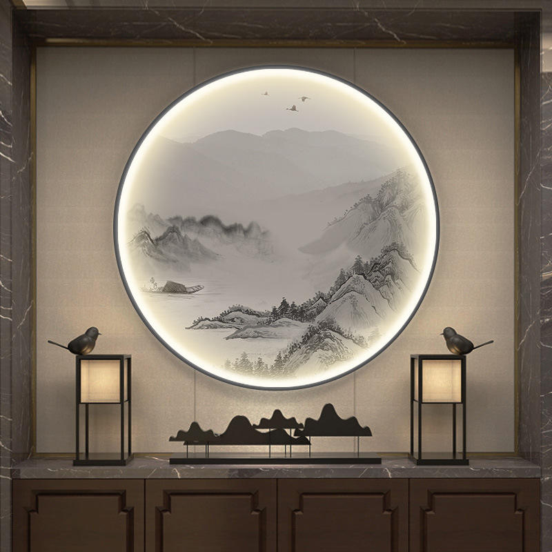 竹报平安玄关装饰画新中式圆形带灯客厅山水挂画酒店大堂背景墙画