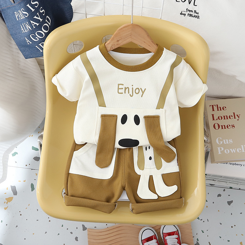 2024 Summer New Boys' Cartoon round Neck Short Sleeve Suit Boys' Casual Shorts Two-Piece Set