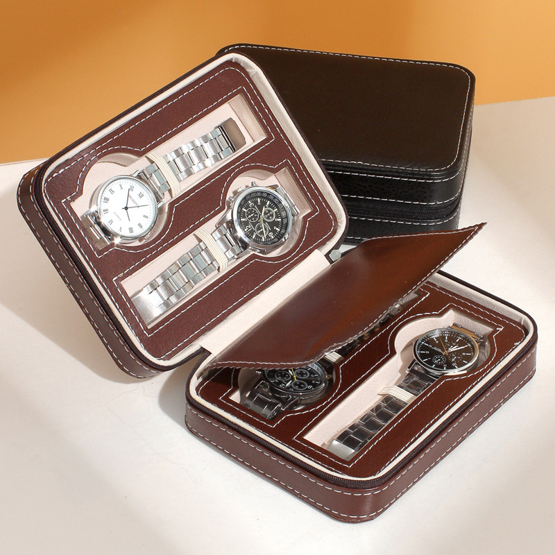 In Stock Wholesale Men's Zipper Bag Portable Travel Four-Digit Watch Box High-End 4-Digit Watch Bag Storage Bag