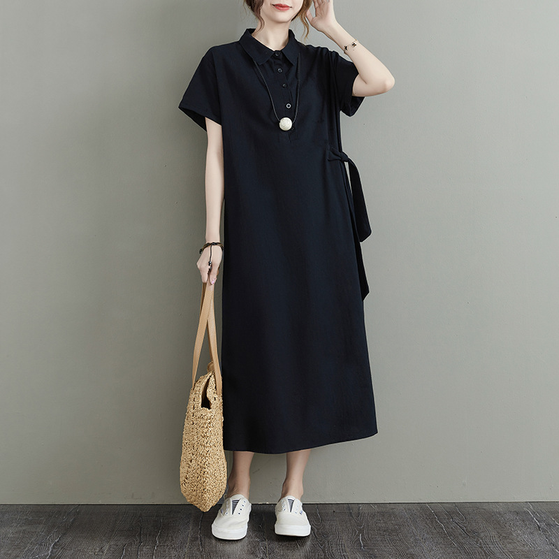 Cross-Border New Arrival Japanese Solid-Color Cotton Linen Lapel Short Sleeve Loose Pockets Women's Casual Dress