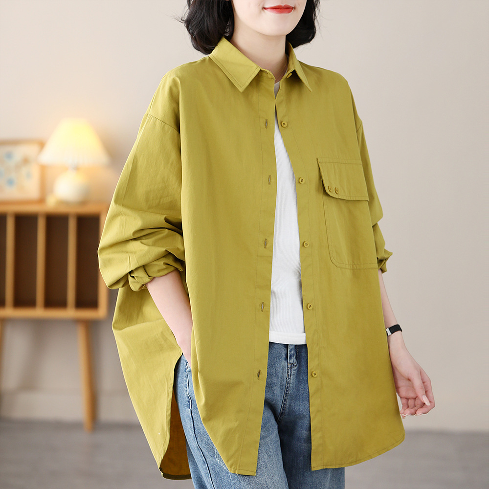 棉布衬衫女休闲翻领百搭宽松显瘦文艺气质纯色韩版衬衣外套-阿里巴巴