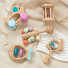 木制婴儿彩色手摇铃五件套装新生儿床铃音乐早教益智安抚乐器玩具