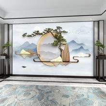 3d新中式背景墙纸古典酒店大厅茶室迎客松山水画足疗店养生馆壁纸