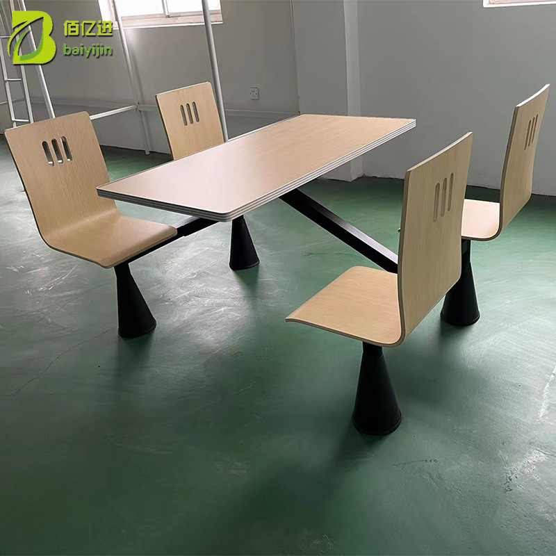 厂家批发四人位餐桌椅 学校学生员工快餐木质带靠背连体餐桌椅