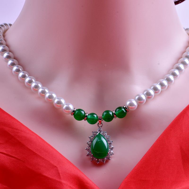 8mm Imitation Pearl Necklace Green Chalcedony Water Drop Pendant Necklace Female Clavicle Chain Mother's Day to Give Mom Gift Ornament