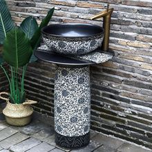 中式青花立柱式洗脸盆复古陶瓷洗手盆户外庭院一体式阳台仿古水池