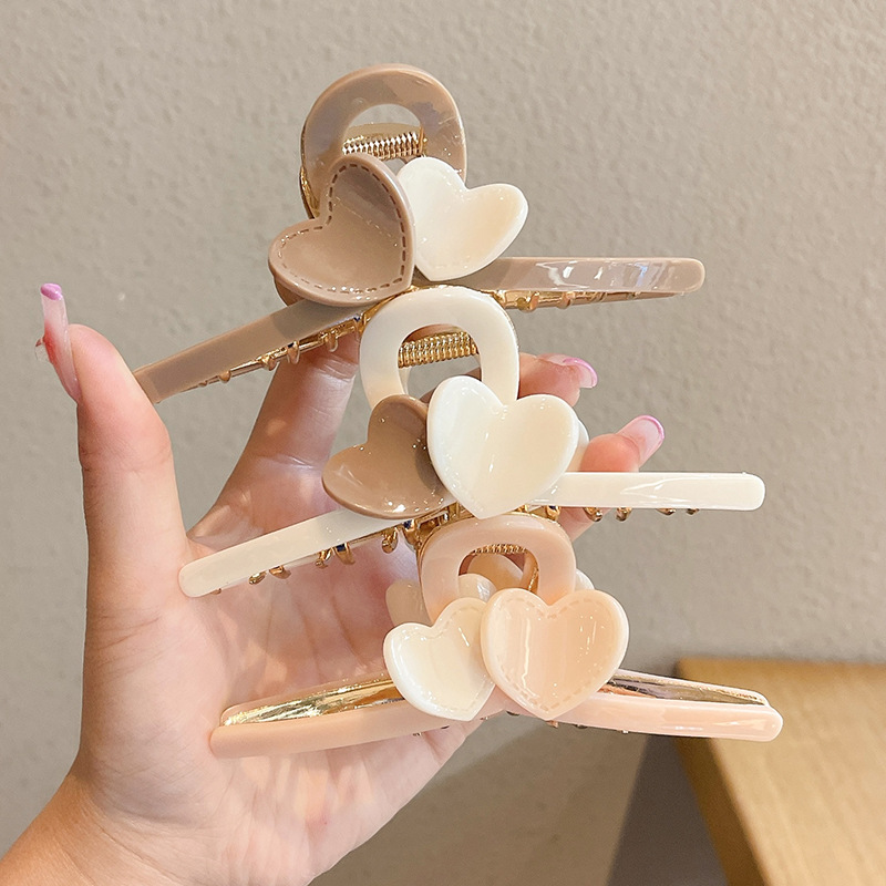 优雅奶茶色爱心发夹后脑勺甜美抓夹鲨鱼夹网红可爱发卡夹子头饰女