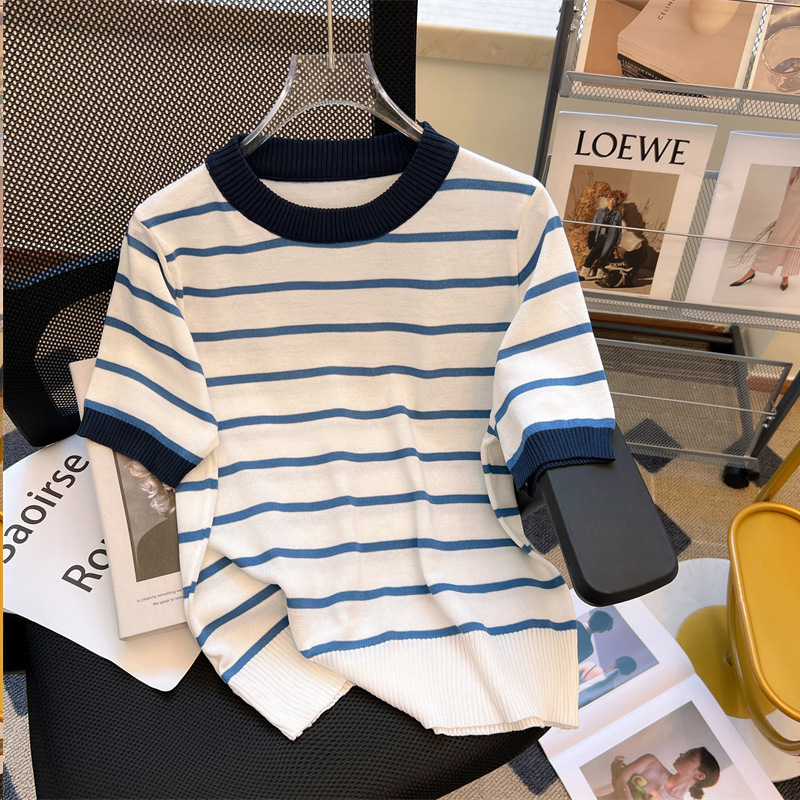 Pink & White Contrasting Color Striped Shoulder round Neck Women's Summer Short-Sleeved Advanced Texture T-shirt with Western Style Special to Small Shirt Top