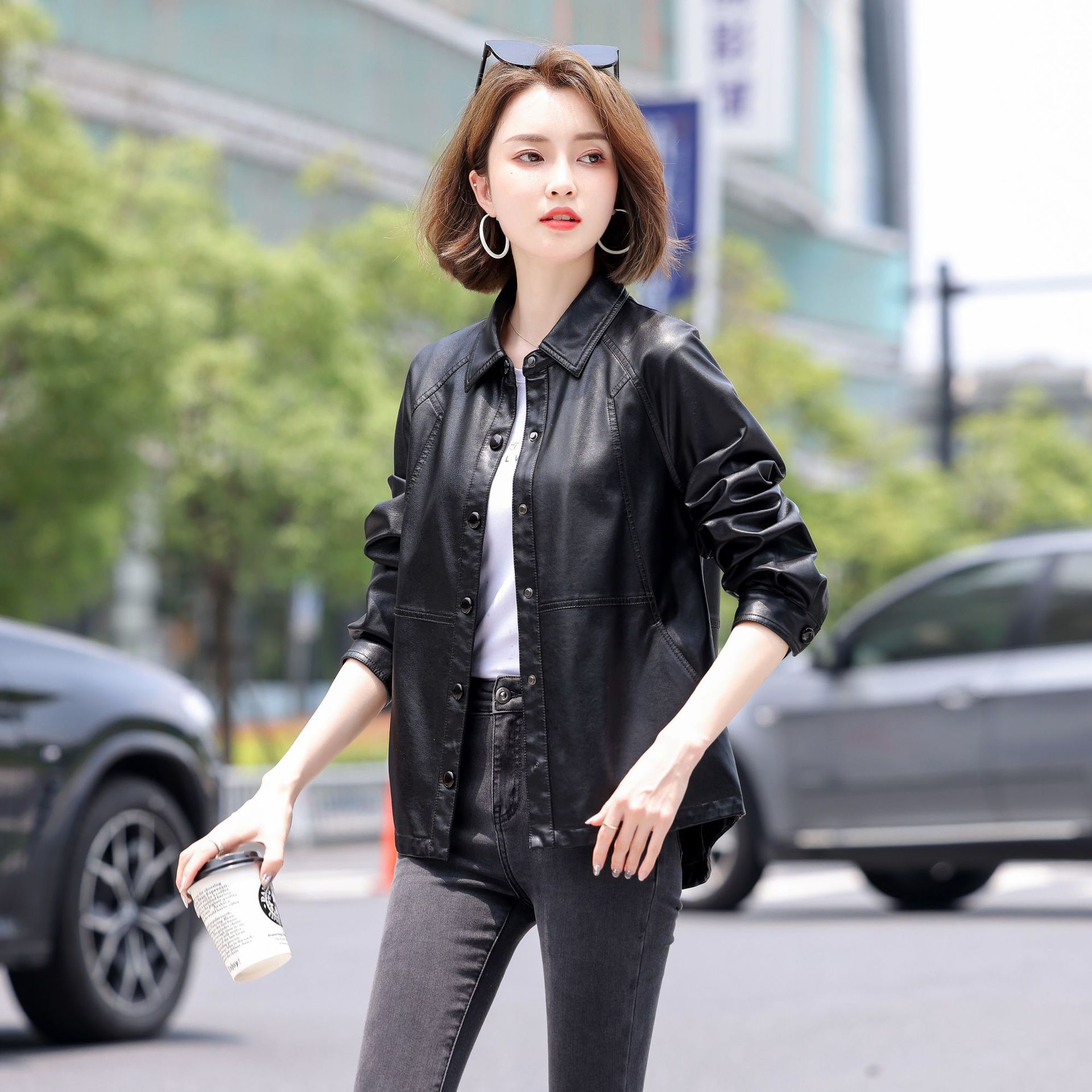 kkknow跨境热销梦富女式皮衣外套女春装韩版水洗绵羊皮夹夹克