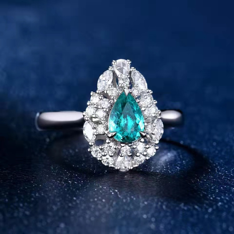 电光蓝小水滴18k金马眼状钻石镶嵌0.51ct天然帕拉伊巴宝石戒指