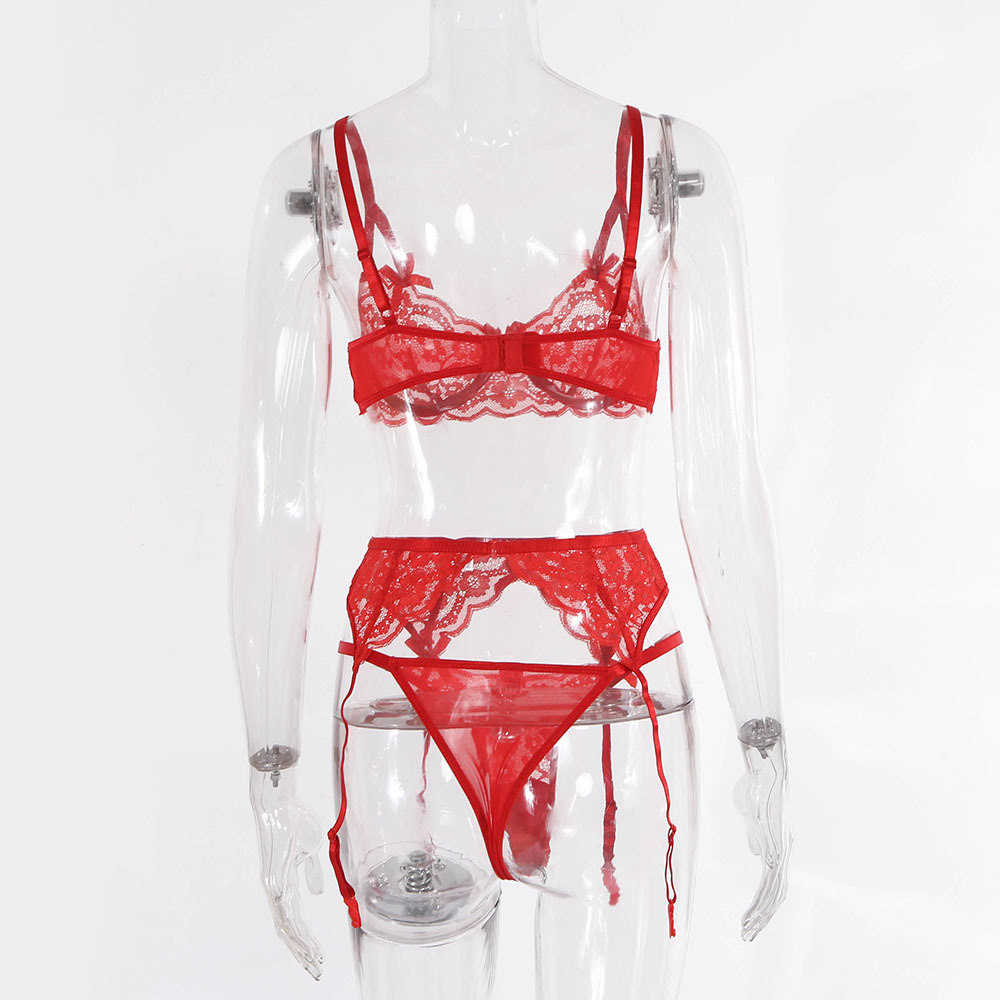 ins纯欲女蕾丝刺绣花网纱边透视性感情趣内衣三件套19620跨境货源