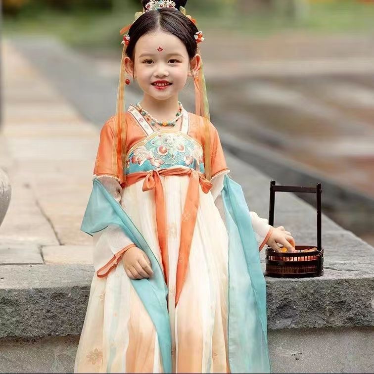 汉服女童春季敦煌唐朝公主连衣裙小女孩中国风古装襦裙儿童表演服