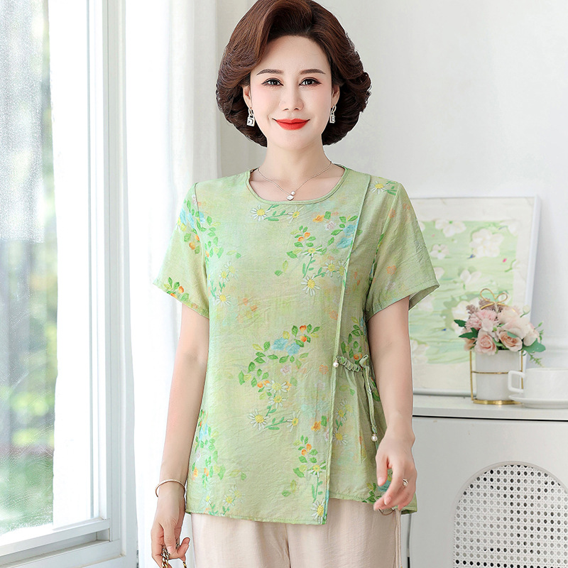 妈妈夏装雪纺套装洋气高贵新款中老年女装夏季短袖上衣时尚-阿里巴巴
