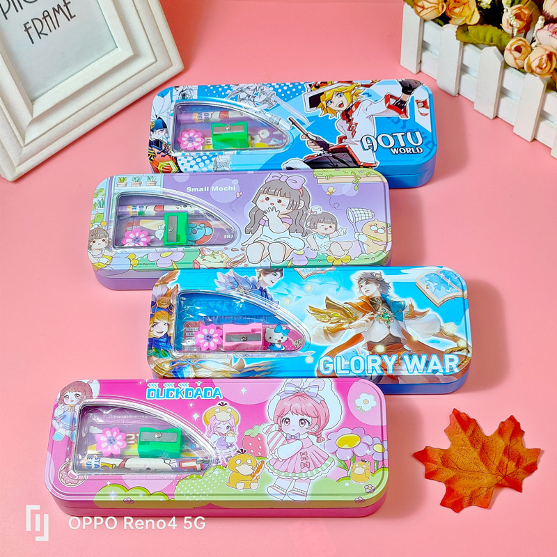 Wholesale Cartoon Double-Layer Stationery Box Iron Pencil Box Student Stationery Set Children Large Capacity Pen Case Office Supplies