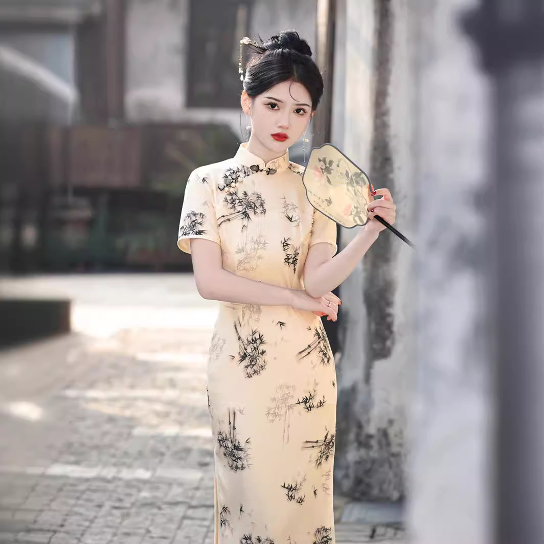 2024新品改良水墨竹子印花旗袍 日常清新素雅修身少女旗袍-阿里巴巴