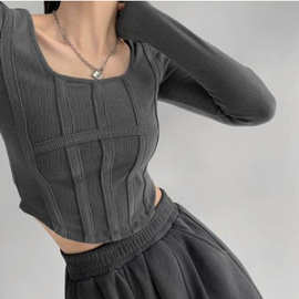 秋季跨境女装新款 美式复古辣妹低胸方领短款鱼骨纹长袖T恤上衣