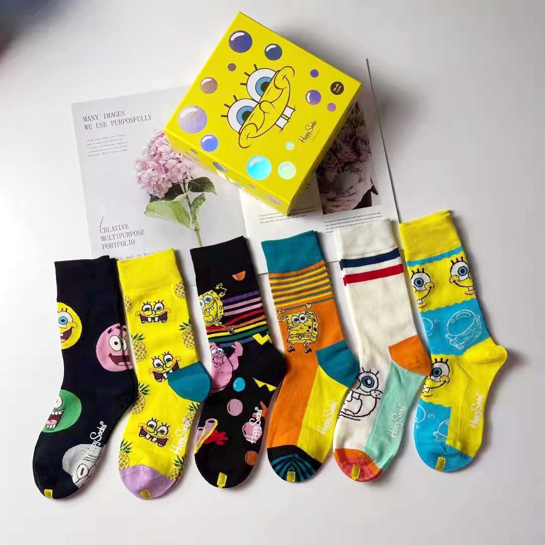 海绵宝宝联名礼盒happysocks六双装卡通中筒袜四季男女情侣袜