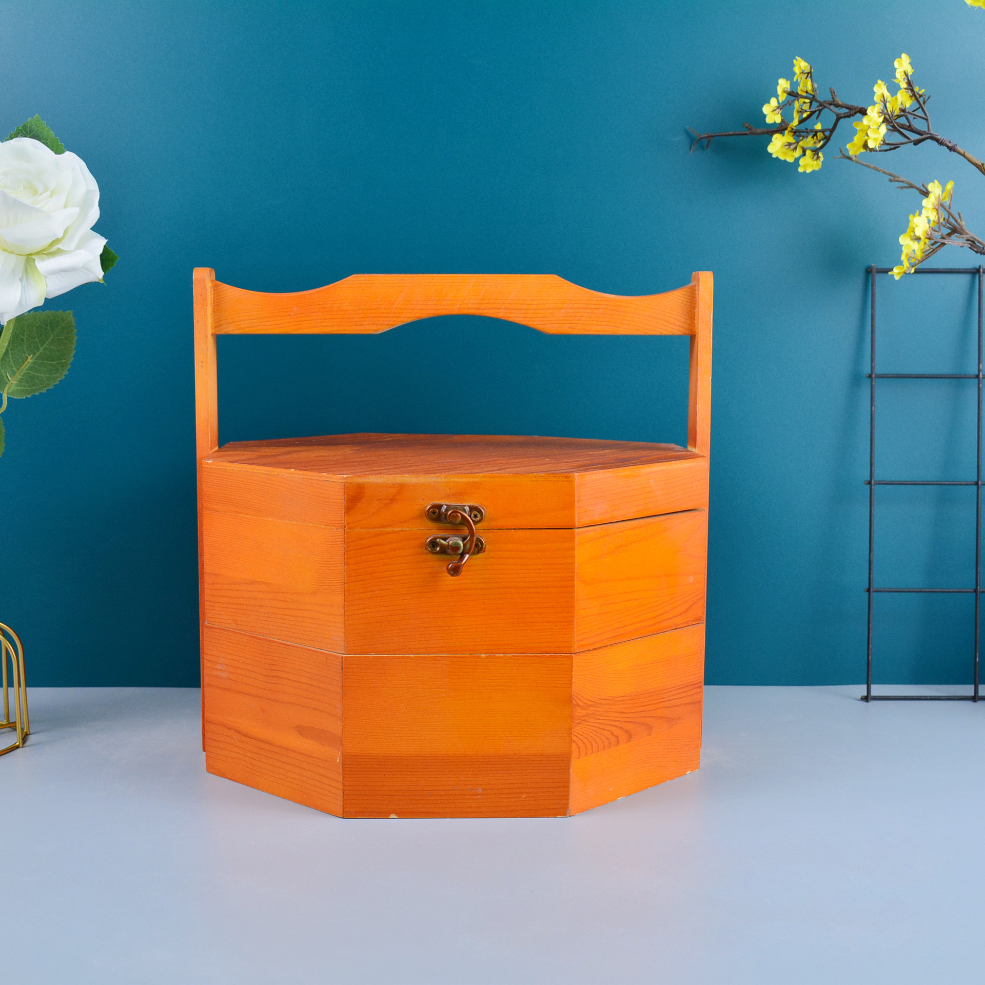 木质双层月饼盒松木多边形手提盒送餐点心盒木质点心包装礼品盒