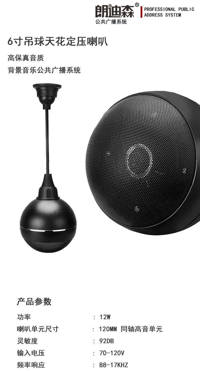 朗迪森黑色吊球音响吊装定压音箱饭店铺餐厅背景音乐系统出口喇叭