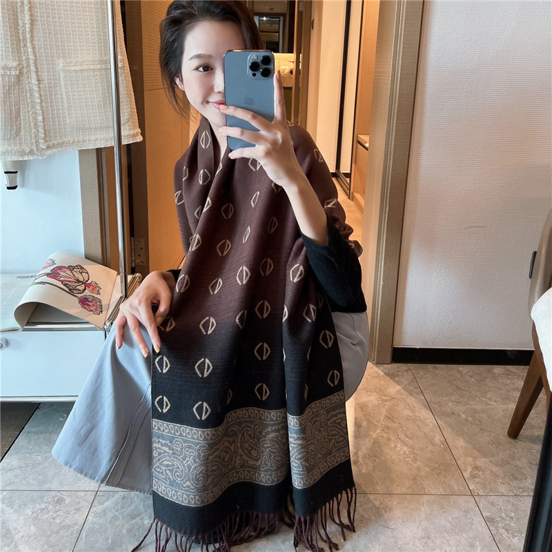 New Retro Ethnic Style Scarf Women's Winter Foreign Trade Versatile Double-Sided Thick Warm Scarf Dual-Purpose Air Conditioning Shawl