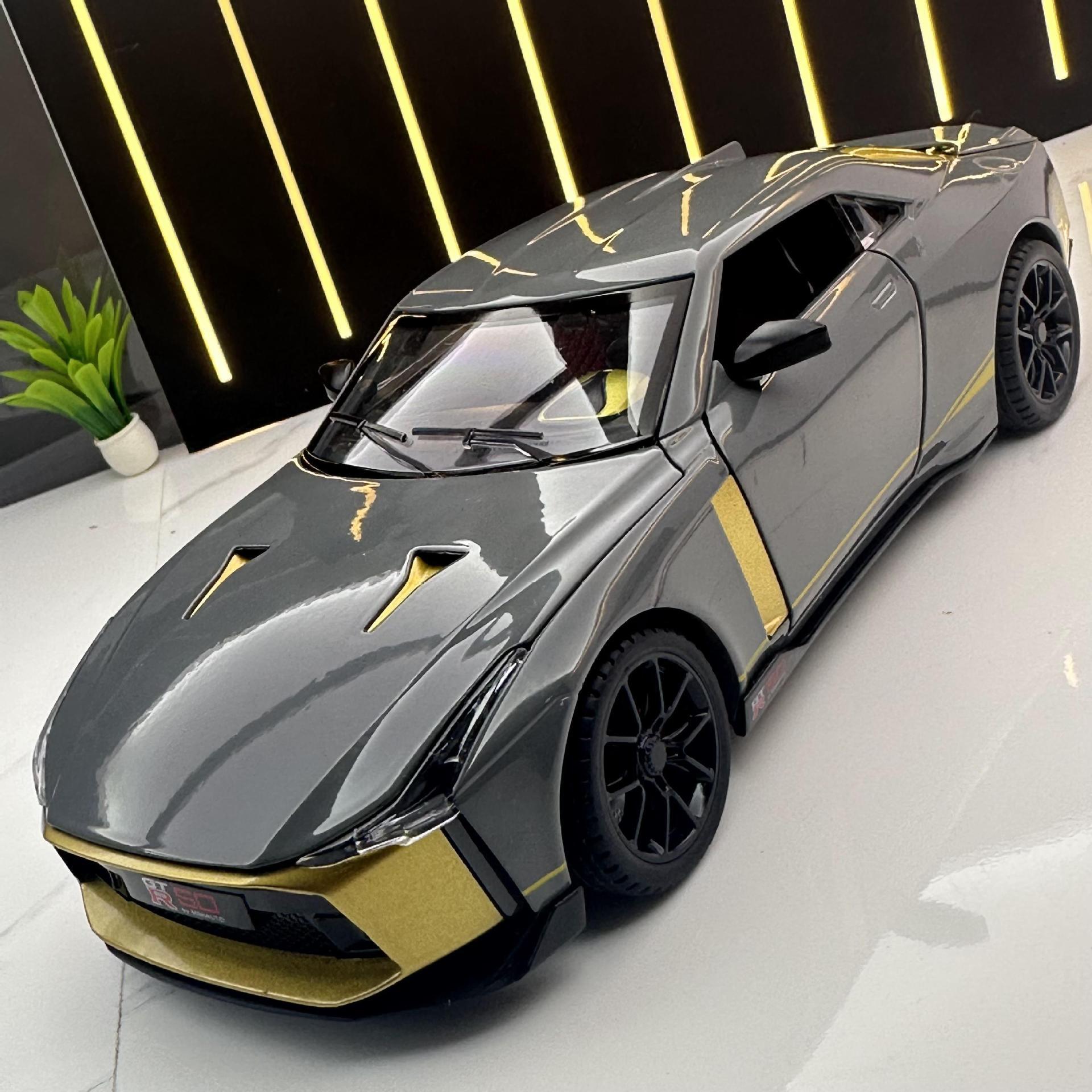 建元合金车模1: 24日产gtr-50跑车回力声光4开门玩具汽车模型摆件