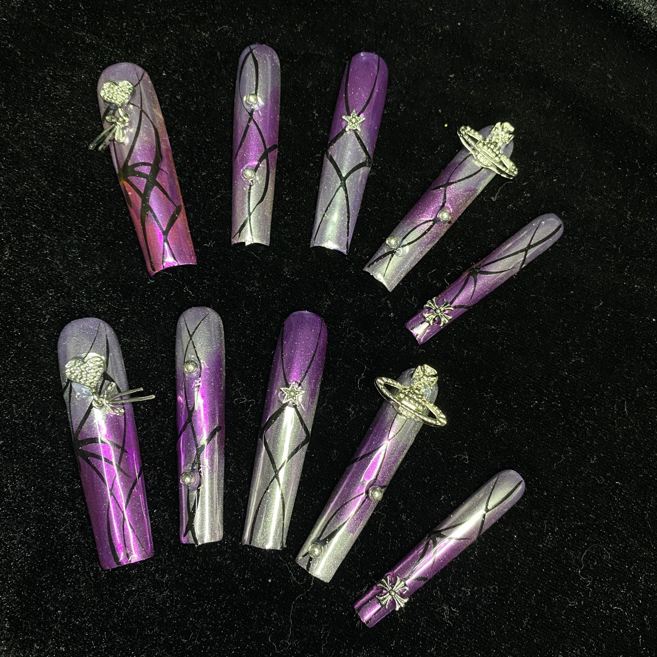 欧美跨境纯手工穿戴美甲魔镜粉西太后手绘款方长可卸带式甲片