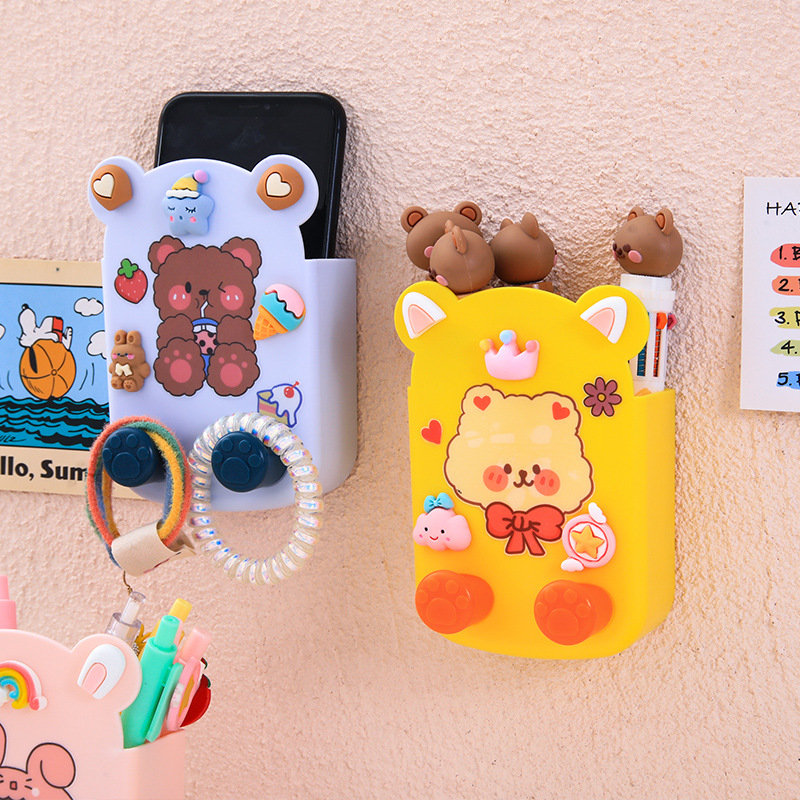 Cute Bear Remote Control Storage Box Wall-Mounted Punch-Free Bedside Mobile Phone Charging Rack Stationery Organizing Box