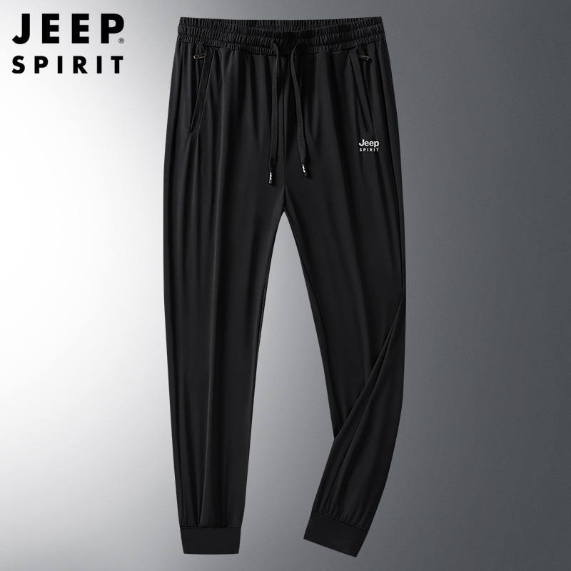 jeep spirit新款男士冰丝薄休闲裤系带弹力中腰大码时尚运动男裤