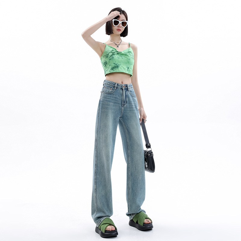 High Waist Jeans for Women 2023 Summer Thin Retro Loose Slimming Narrow Version Straight Wide Leg Mop Trousers Wholesale