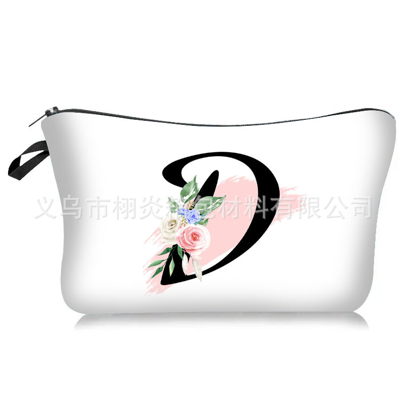 Cross-Border New Arrival 26 Letter Printed Polyester Makeup Bag Amazon Floral Letter Clutch Storage Wash Bag